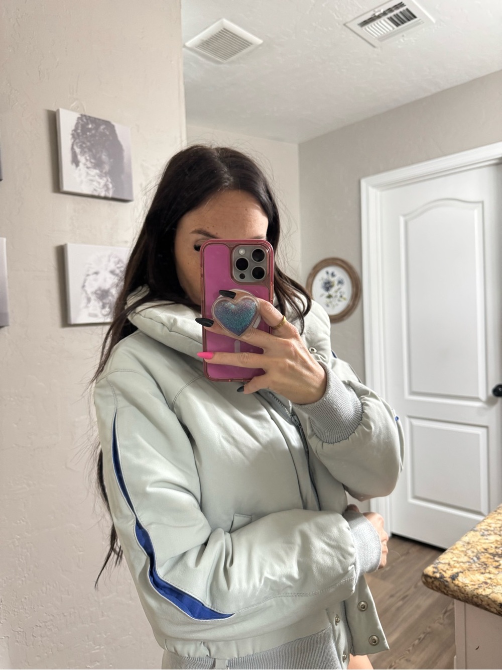 Obermeyer Light Gray Bomber Jacket with Blue Stripe